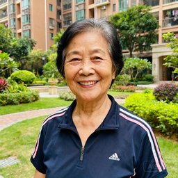 一位六十岁左右的中国女性居民肖像，面带微笑，穿着运动便装，背景为社区花园