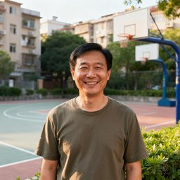 一位三十多岁的中国男性居民，穿着休闲T恤，站在社区篮球场边微笑